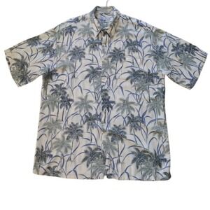 HALF MOON BAY Button Up Shirt Men‎ L HAWAIIAN Green Palm Floral Beach Travel